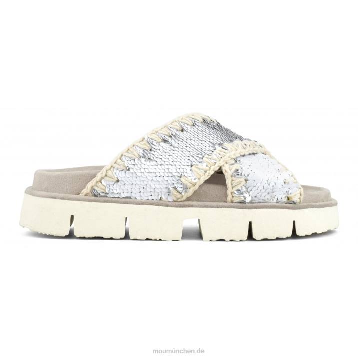 Gekreuzte Bio-Sandale, einfarbig Frauen 0V6X151 Pailletten weiß-silber Mou