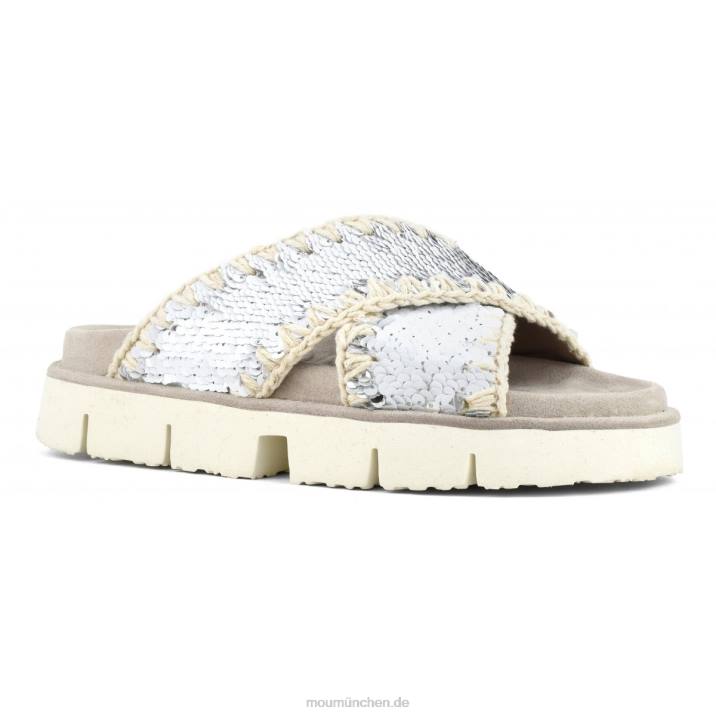 Gekreuzte Bio-Sandale, einfarbig Frauen 0V6X151 Pailletten weiß-silber Mou