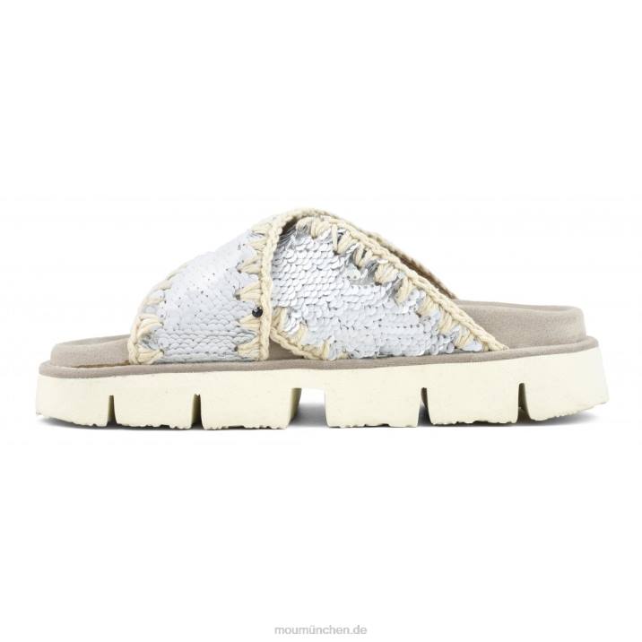 Gekreuzte Bio-Sandale, einfarbig Frauen 0V6X151 Pailletten weiß-silber Mou