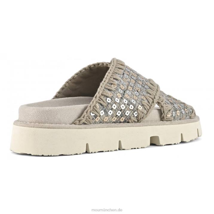 Überkreuzte Bio-Sandale aus Denim und Pailletten Frauen 0V6X149 Gold Mou