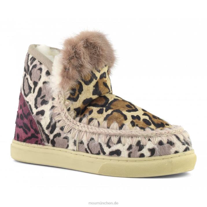 Eskimo-Sneaker aus Ponyfell-Mix-Patchwork Frauen 0V6X655 großer Leopardensand Mou